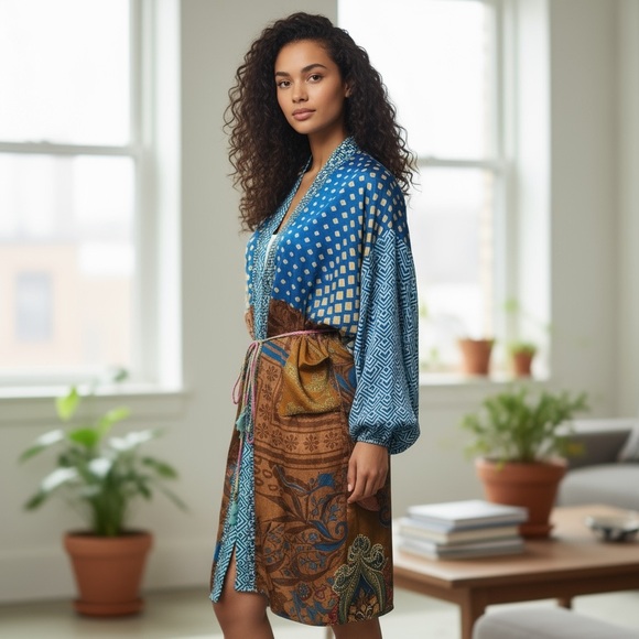 NEW Guru 100% Silk Upcycled Made in India from Vintage Saris One Size Fit M/L - Picture 2 of 16